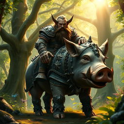 A formidable dwarf warrior clad in intricate, ornate armor, riding a massive, heavily armored pig while looking directly into the camera with a confident and proud expression