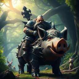 A formidable dwarf warrior clad in intricate, ornate armor, riding a massive, heavily armored pig while looking directly into the camera with a confident and proud expression