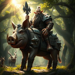 A formidable dwarf warrior clad in intricate, ornate armor, riding a massive, heavily armored pig while looking directly into the camera with a confident and proud expression