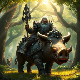A formidable dwarf warrior clad in intricate, ornate armor, riding a massive, heavily armored pig while looking directly into the camera with a confident and proud expression