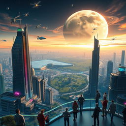 A breathtaking futuristic view of Earth in the year 2150, featuring advanced cities with soaring skyscrapers made of glass and solar panels, green spaces incorporated into urban areas, flying cars zipping through the sky, and a vibrant atmosphere filled with colorful neon lights
