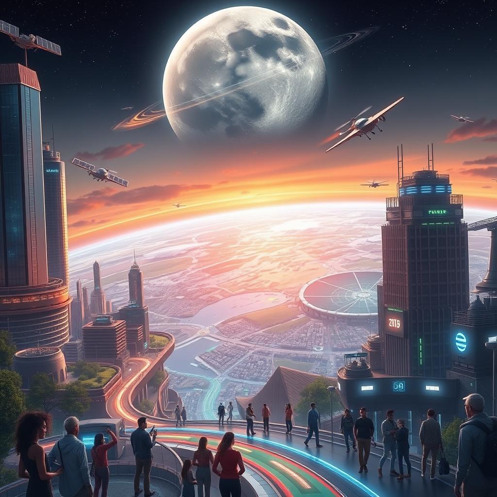 A breathtaking futuristic view of Earth in the year 2150, featuring advanced cities with soaring skyscrapers made of glass and solar panels, green spaces incorporated into urban areas, flying cars zipping through the sky, and a vibrant atmosphere filled with colorful neon lights