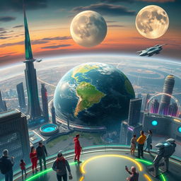 A breathtaking futuristic view of Earth in the year 2150, featuring advanced cities with soaring skyscrapers made of glass and solar panels, green spaces incorporated into urban areas, flying cars zipping through the sky, and a vibrant atmosphere filled with colorful neon lights