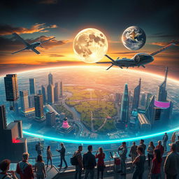 A breathtaking futuristic view of Earth in the year 2150, featuring advanced cities with soaring skyscrapers made of glass and solar panels, green spaces incorporated into urban areas, flying cars zipping through the sky, and a vibrant atmosphere filled with colorful neon lights