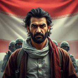 A determined Persian man standing resolutely against a backdrop of regime forces, with the Iranian flag prominently displayed in the background