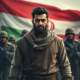 A determined Persian man standing resolutely against a backdrop of regime forces, with the Iranian flag prominently displayed in the background