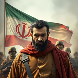 A determined Persian man standing resolutely against a backdrop of regime forces, with the Iranian flag prominently displayed in the background