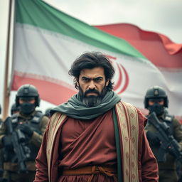 A determined Persian man standing resolutely against a backdrop of regime forces, with the Iranian flag prominently displayed in the background