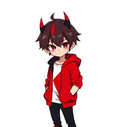 A stylish boy with half red and half black hair, one red eye and one black eye, and a red-black horn on his head