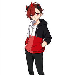 A stylish boy with half red and half black hair, one red eye and one black eye, and a red-black horn on his head