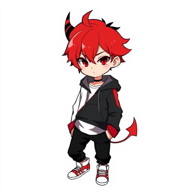 A stylish boy with half red and half black hair, one red eye and one black eye, and a red-black horn on his head