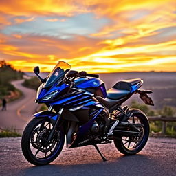 A vivid and dynamic scene featuring a Yamaha R15 V4 motorcycle parked in a stunning sunset location