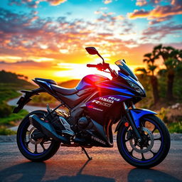 A vivid and dynamic scene featuring a Yamaha R15 V4 motorcycle parked in a stunning sunset location