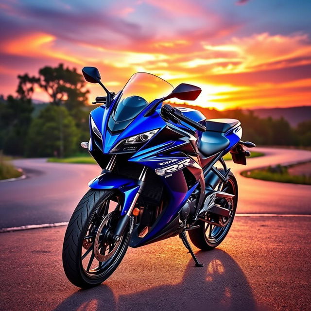 A vivid and dynamic scene featuring a Yamaha R15 V4 motorcycle parked in a stunning sunset location