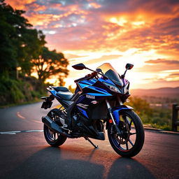 A vivid and dynamic scene featuring a Yamaha R15 V4 motorcycle parked in a stunning sunset location