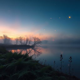 A serene liminal nature landscape depicting a twilight scene, with a blend of twilight colors in the sky transitioning from deep blue to soft orange and pink hues, reflecting on calm waters of a tranquil lake surrounded by ethereal mist