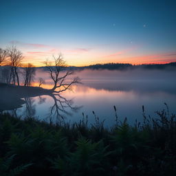 A serene liminal nature landscape depicting a twilight scene, with a blend of twilight colors in the sky transitioning from deep blue to soft orange and pink hues, reflecting on calm waters of a tranquil lake surrounded by ethereal mist