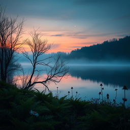 A serene liminal nature landscape depicting a twilight scene, with a blend of twilight colors in the sky transitioning from deep blue to soft orange and pink hues, reflecting on calm waters of a tranquil lake surrounded by ethereal mist