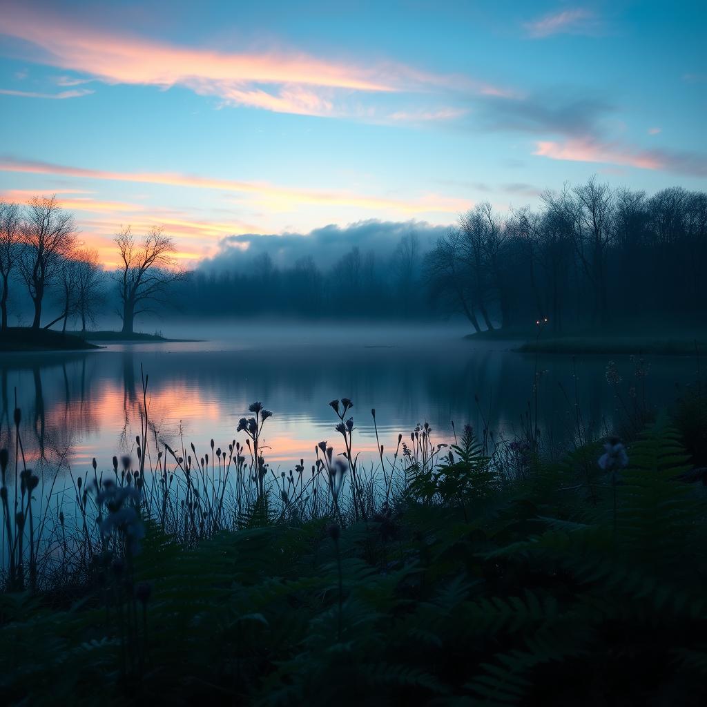 A serene liminal nature landscape depicting a twilight scene, with a blend of twilight colors in the sky transitioning from deep blue to soft orange and pink hues, reflecting on calm waters of a tranquil lake surrounded by ethereal mist