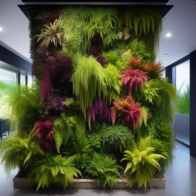 An elaborate vertical garden teeming with a variety of vibrant plants and flowers, designed meticulously to fit a specific space. Features may include cascading vine plants, blooming flowers, and plush ferns, arranged aesthetically and efficiently.