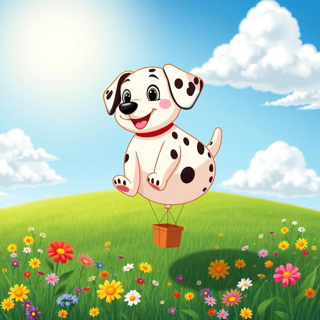 A cartoon Dalmatian puppy, round and inflated like a giant balloon, floats delightfully above a lush green meadow filled with colorful wildflowers