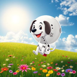 A cartoon Dalmatian puppy, round and inflated like a giant balloon, floats delightfully above a lush green meadow filled with colorful wildflowers