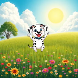 A cartoon Dalmatian puppy, round and inflated like a giant balloon, floats delightfully above a lush green meadow filled with colorful wildflowers