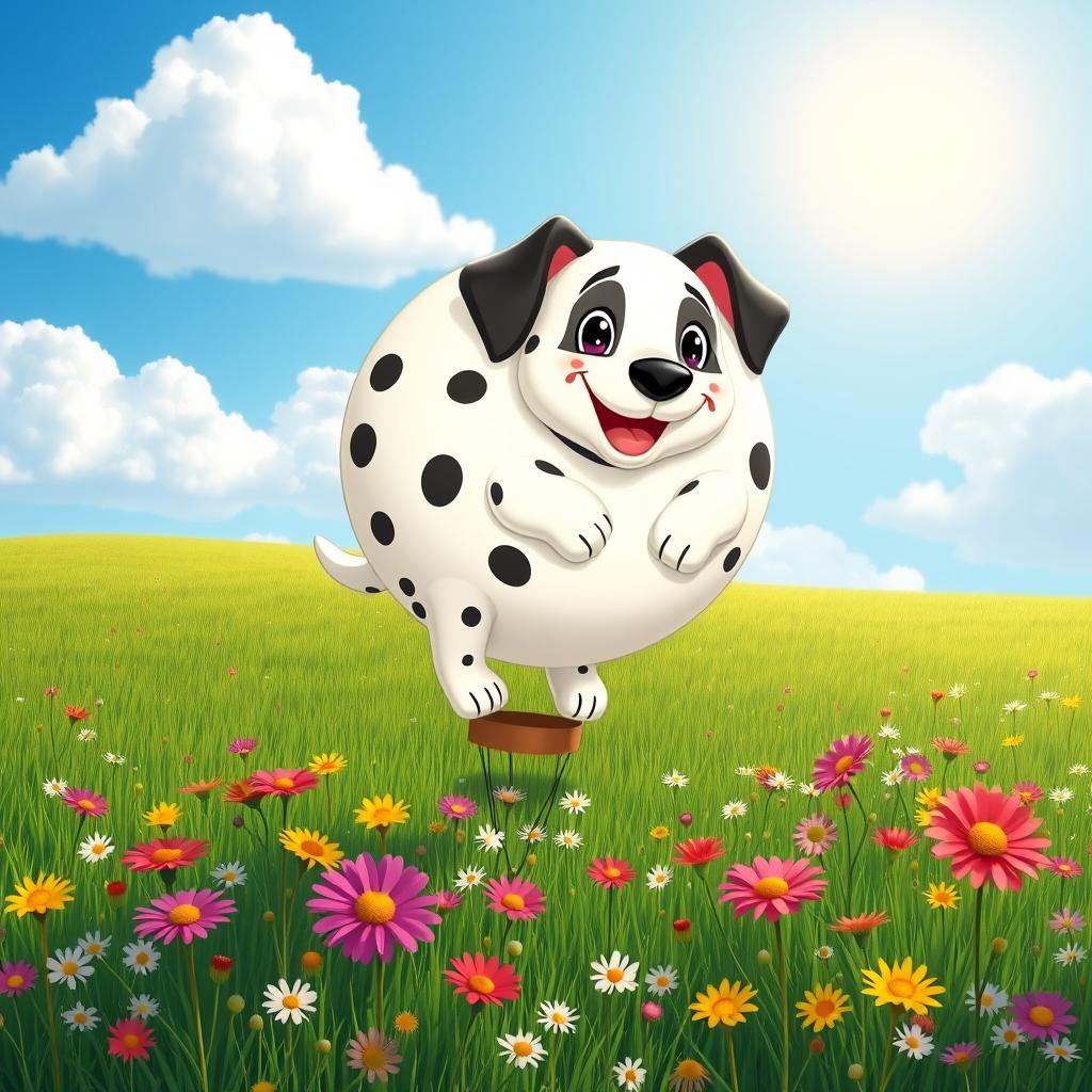 A cartoon Dalmatian puppy, round and inflated like a giant balloon, floats delightfully above a lush green meadow filled with colorful wildflowers
