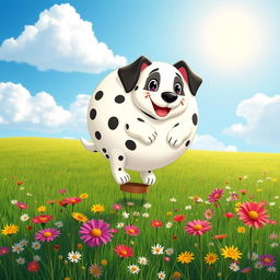 A cartoon Dalmatian puppy, round and inflated like a giant balloon, floats delightfully above a lush green meadow filled with colorful wildflowers
