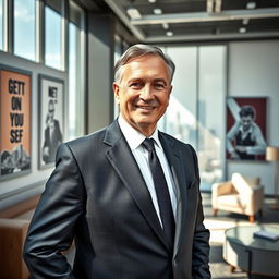 A confident and assertive CEO standing in a modern office environment