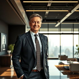 A confident and assertive CEO standing in a modern office environment
