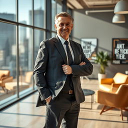 A confident and assertive CEO standing in a modern office environment