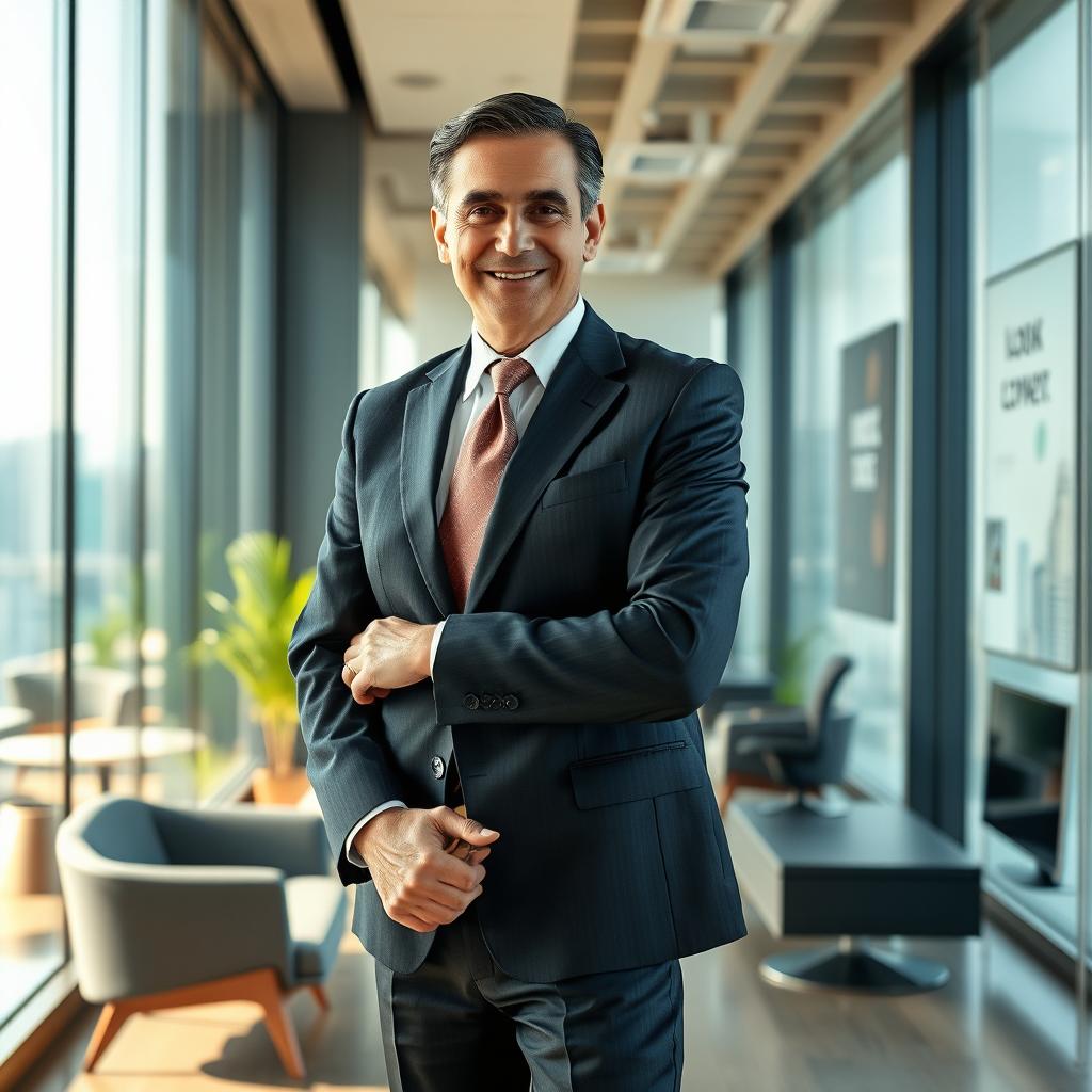 A confident and assertive CEO standing in a modern office environment
