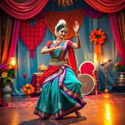 A stylized and artistic representation of a traditional Indian dance performance, showcasing a female dancer in luxurious and vibrant attire