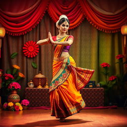 A stylized and artistic representation of a traditional Indian dance performance, showcasing a female dancer in luxurious and vibrant attire