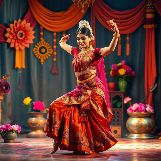 A stylized and artistic representation of a traditional Indian dance performance, showcasing a female dancer in luxurious and vibrant attire