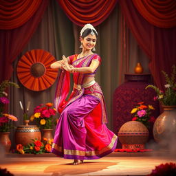 A stylized and artistic representation of a traditional Indian dance performance, showcasing a female dancer in luxurious and vibrant attire