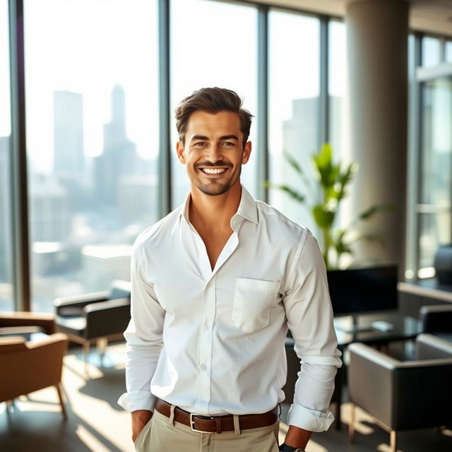 A stylish businessman in a sleek, modern office setting, casually dressed in a crisp white button-up shirt with the top button undone, showing a confident smile