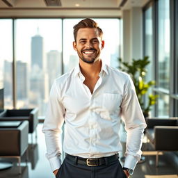 A stylish businessman in a sleek, modern office setting, casually dressed in a crisp white button-up shirt with the top button undone, showing a confident smile