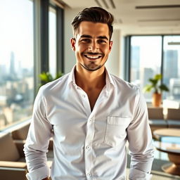 A stylish businessman in a sleek, modern office setting, casually dressed in a crisp white button-up shirt with the top button undone, showing a confident smile