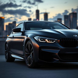 A sleek, modern BMW car with a satin black finish, showcasing its elegant curves and aggressive stance