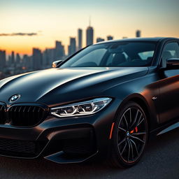 A sleek, modern BMW car with a satin black finish, showcasing its elegant curves and aggressive stance