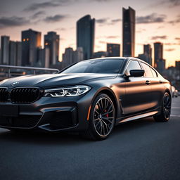 A sleek, modern BMW car with a satin black finish, showcasing its elegant curves and aggressive stance