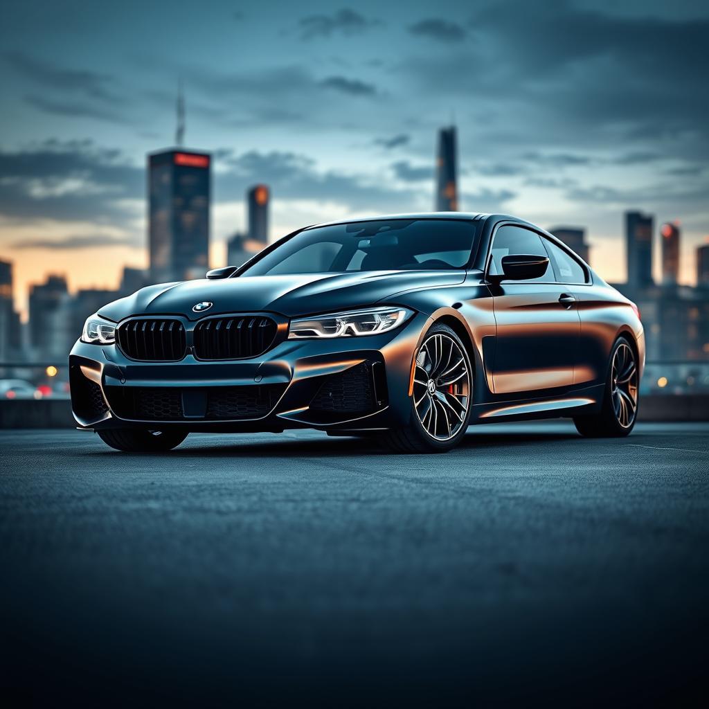 A sleek, modern BMW car with a satin black finish, showcasing its elegant curves and aggressive stance