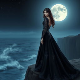 An elegant and mysterious woman in a long, flowing black gown stands atop a cliff overlooking a moonlit sea
