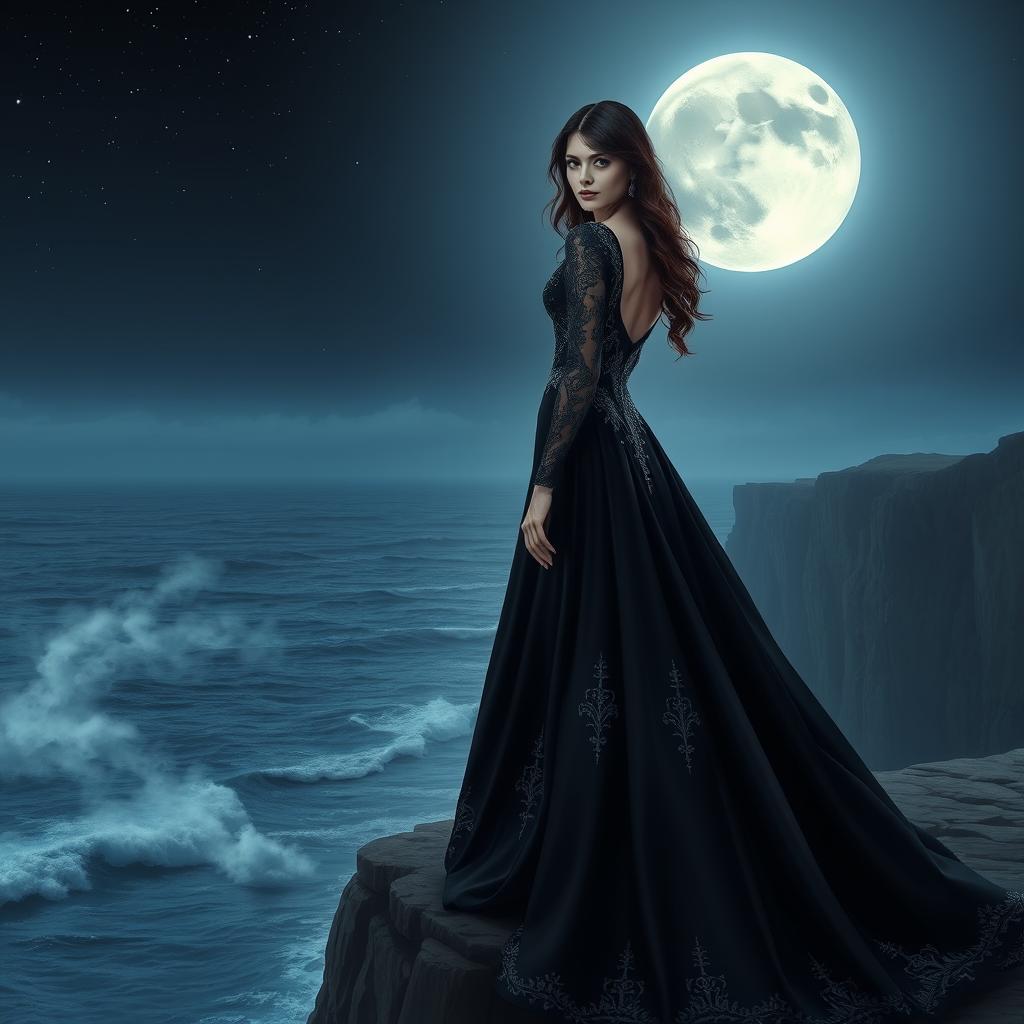 An elegant and mysterious woman in a long, flowing black gown stands atop a cliff overlooking a moonlit sea