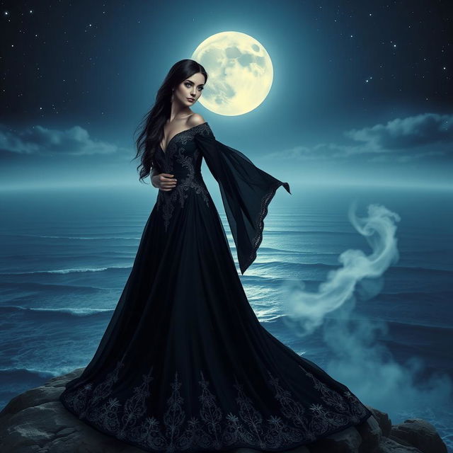 An elegant and mysterious woman in a long, flowing black gown stands atop a cliff overlooking a moonlit sea