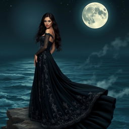 An elegant and mysterious woman in a long, flowing black gown stands atop a cliff overlooking a moonlit sea