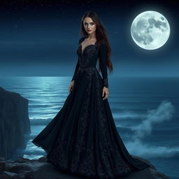 An elegant and mysterious woman in a long, flowing black gown stands atop a cliff overlooking a moonlit sea