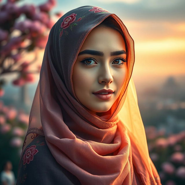 A stunning woman wearing an intricate hijab design, with beautiful embroidery and vibrant colors that flow elegantly around her